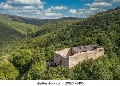 Aerial view of ruined Gothic medieval Marevar castle near Magyaregregy in the Mecsek montains near Pecs Hungary destroyed in the Hungarian Turkish wars