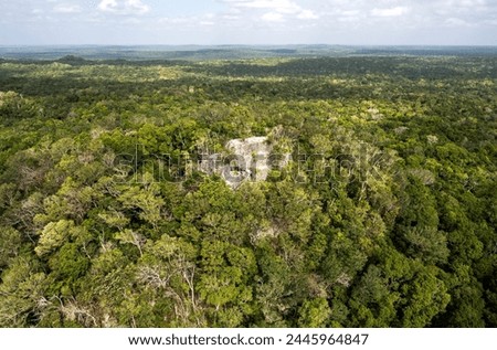 An aerial view of the ruins of the ancient Mayan temple of La Danta at the ancient Mayan archaeological site of El Mirador.