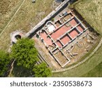 Aerial view of ruins of ancient Roman city Nicopolis ad Nestum near town of Garmen, Blagoevgrad Region, Bulgaria