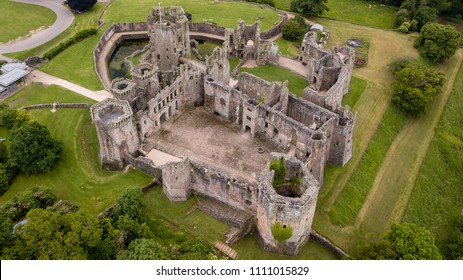 Aerial View Of The Ruins Of A Large Medieval Castle (Raglan Castle, South Wales, UK)