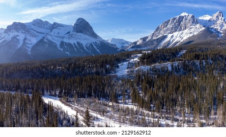 Aerial View Of Rundle Hydro Power Plant In The Canadian Rockies In Winter. Canmore, Alberta, Canada.