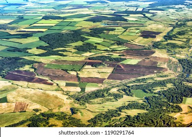 Aerial View Rural Countryside Landscape Scenery In Central Europe Ural Russia With Agricultural Field Crop Forest Village Settlement Road Detail Satellite Exterior Top Down Above Overview Background