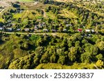 Aerial view of rural houses, Skriporovo village, Maloyaroslavetsky district, Kaluga region, Russia