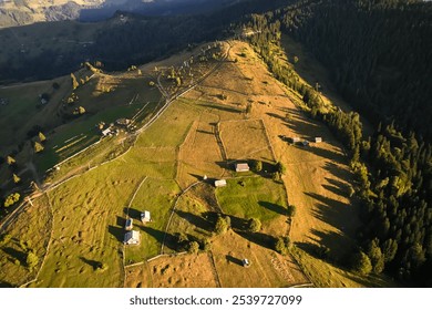 Aerial view of rural landscape at sunset, with rolling hills and scattered farmhouses. Winding paths and patches of dense forest add texture and depth to the scene. - Powered by Shutterstock