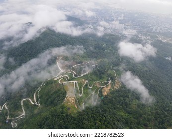 Aerial View Rural Road At Iconic Hill At Pulau Pinang In Rain Cloud Morning