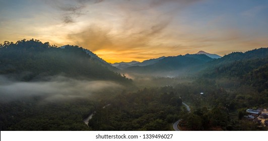 Aerial View Of A Rural Settlement In A Jungle Known As Pos Kuala Mu, In North Peninsular Malaysia. Panorama Mode.