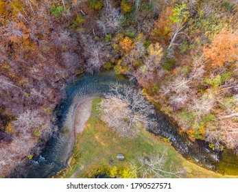 Aerial View Of Rushing River In Autumn In Michigan