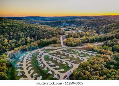 Aerial View Of RV Campground Featuring Beautiful Sunset In HDR