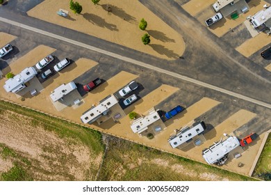 Aerial View Of RV Campground With Travel Trailer Parking Camping Resort Area Park