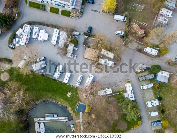 Aerial view of RV campsite\
in Europe