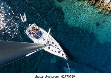 Aerial View Of Sailboat Yacht Charter On Adriatic Sea, Croatia Islands
