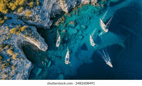 Aerial View of Sailboats in a Pristine Coastal Cove - Powered by Shutterstock