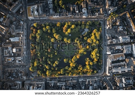 An aerial view of the Saint Stephens Green park during golden hour