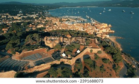 Aerial view of the Saint-Tropez's maritime museum located in old citadel and the town in the morning