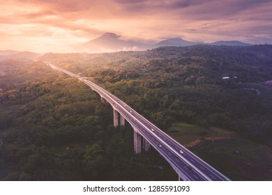 Aerial View Of Salatiga Tollway At Sunset Time In Central Java, Indonesia