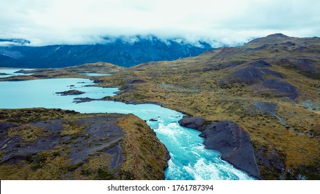 Aerial View To The Salto Grande Waterfall On The Paine River In The Torres Del Paine National Park, Patagonia, Chile