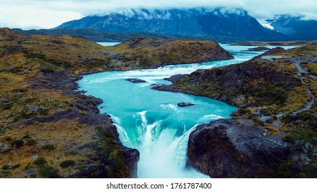 Aerial View To The Salto Grande Waterfall On The Paine River In The Torres Del Paine National Park, Patagonia, Chile