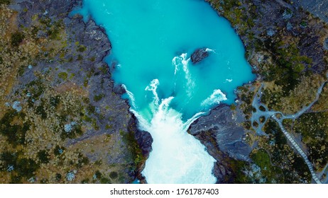 Aerial View To The Salto Grande Waterfall On The Paine River In The Torres Del Paine National Park, Patagonia, Chile