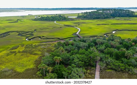 Aerial view of the saltwater marsh along the Tolomato River in Florida.