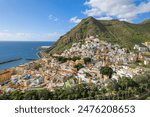 Aerial view of the San Andres resort town in Tenerife, Canary Islands, Spain. Beautiful colorful buildings of the coastal town in Tenerife