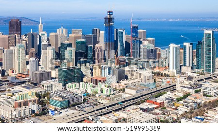 Aerial view of San Francisco Financial district and SOMA.