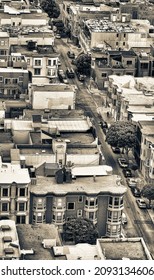 Aerial View Of San Francisco Steep Street And Skyline.