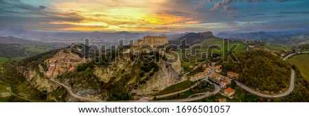 Aerial view of San Leo village and fortress in Italy near the Adriatic sea
