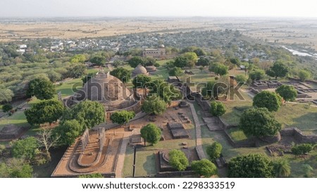Aerial View of Sanchi Buddhist complex, it is a famous for its Great Stupa, on a hilltop at Sanchi Town in Raisen District of the State of Madhya Pradesh, India.