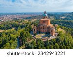 Aerial view of Sanctuary of the Madonna di San Luca in Bologna, Italy.