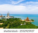 Aerial view Sanctuary of Truth wooden temple on beach of Chonburi, Pattaya Thailand.