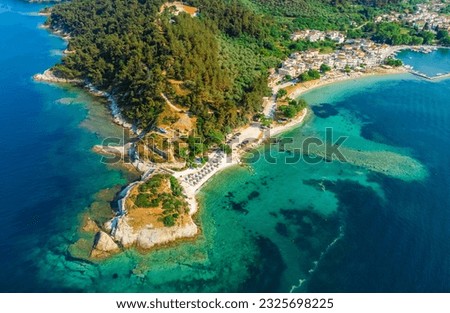 Aerial view of sand beach in Limenas, Thassos island, Greece, Europe.