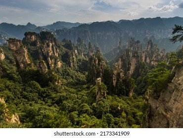 Aerial view of sandstone pillars in Wulingyuan Scenic and Historic Interest Area in Zhangjiajie National Forest Park in Hunan province, China - Shutterstock ID 2173341909