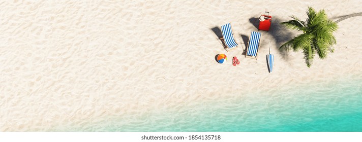 Aerial view of sandy beach and ocean and beach chair with beach ball flip-flop sandals, umbrella and suit case under a palm tree at the beach during a summer vacation in the Caribbean, with copy space - Powered by Shutterstock