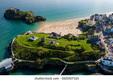 Aerial view of a sandy beach in a picturesque resort (Castle Beach, Tenby, Wales)