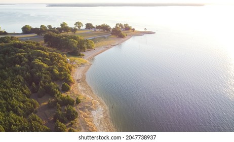 Aerial View Sandy Shore Line With People Bank Fishing At Ticky Creek Park, Northern End Of Lake Lavon In Princeton, Texas, America.