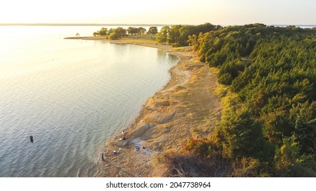 Aerial View Sandy Shore Line With People Bank Fishing At Ticky Creek Park, Northern End Of Lake Lavon In Princeton, Texas, America.