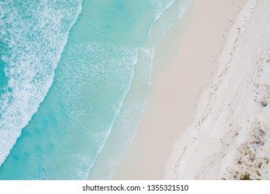 Aerial View Of Sandy Tropical Beach In Summer At Western Australia, Australia. Landscape And Travel, Or Nature And Sightseeing In Summer Concept