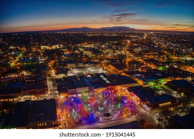 Aerial View Of Santa Fe, New Mexico At Dusk During Christmas