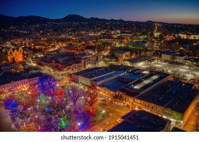 Aerial View Of Santa Fe, New Mexico At Dusk During Christmas