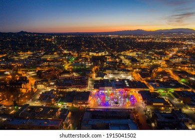 Aerial View Of Santa Fe, New Mexico At Dusk During Christmas