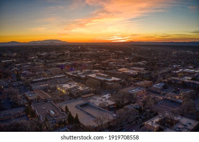 Aerial View Of Santa Fe, New Mexico At Dusk During Christmas