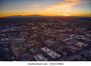 Aerial View Of Santa Fe, New Mexico At Dusk During Christmas