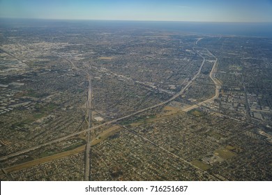 Aerial View Of Santa Fe Springs, Norwalkm Bellflower, Downey, View From Window Seat In An Airplane, California, U.S.A.