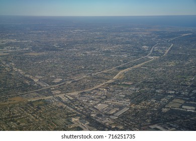 Aerial View Of Santa Fe Springs, Norwalkm Bellflower, Downey, View From Window Seat In An Airplane, California, U.S.A.