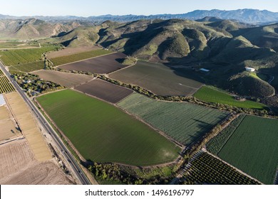 Aerial view of Santa Rosa Valley farm fields and citrus groves in scenic Ventura County, California. 