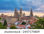 Aerial view of Santiago de Compostela city with Cathedral and buildings at sunrise, Galicia, Spain. Galician gothic church. Popular touristic landmark