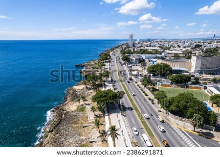 Aerial view of the Santo Domingo, Capital Of Dominican Republic, its beautiful streets and buildings, la Fuente Centro de los Heroes, the Pabellón de las Naciones