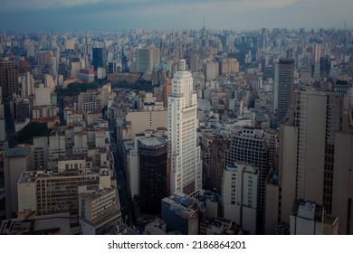 Aerial view of Sao Paulo Historic City Center with Altino Arantes Building (former Banespa, now Farol Santander) and Se Cathedral - Sao Paulo, Brazil