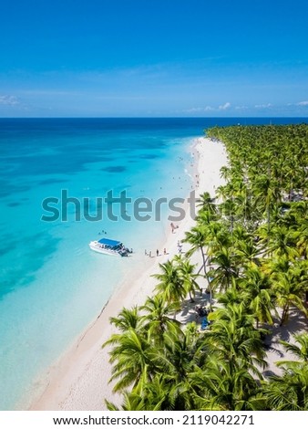 Aerial view of Saona Island in Dominican Republuc. Caribbean Sea with clear blue water and green palms. Tropical beach. The best beach in the world.