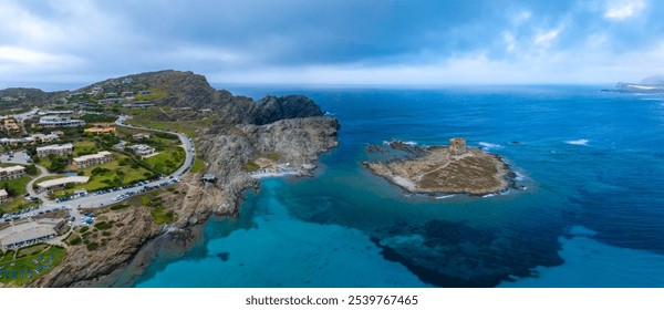 Aerial view of Sardinia's coastline with clear turquoise waters, a small island with an ancient stone watchtower, and a mix of rugged terrain and developed areas. - Powered by Shutterstock